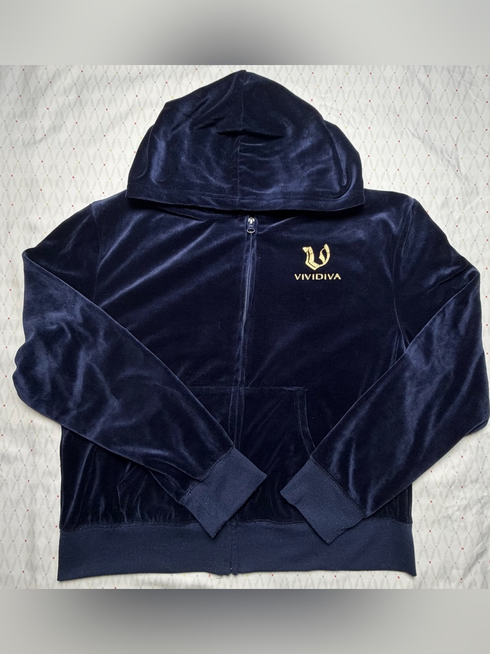 Vividiva Navy Blue Velour Y2K Full Zip Hoodie Gold Logo Size XL